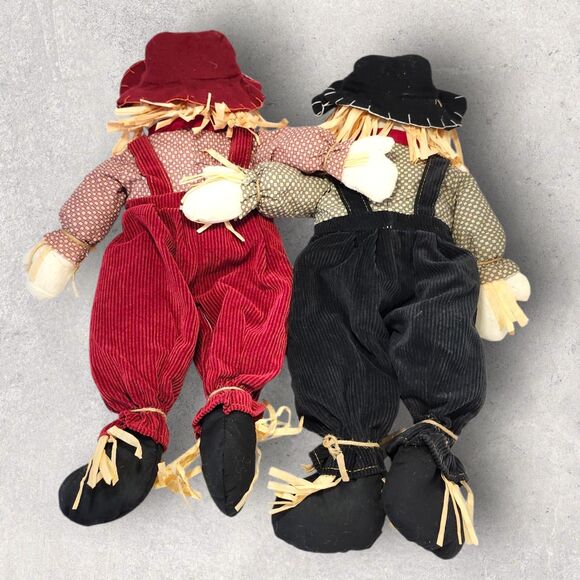Set of 2 Vintage 21" Scarecrow Dolls Fall Harvest Halloween Porch Decor Cottage - Picture 3 of 4